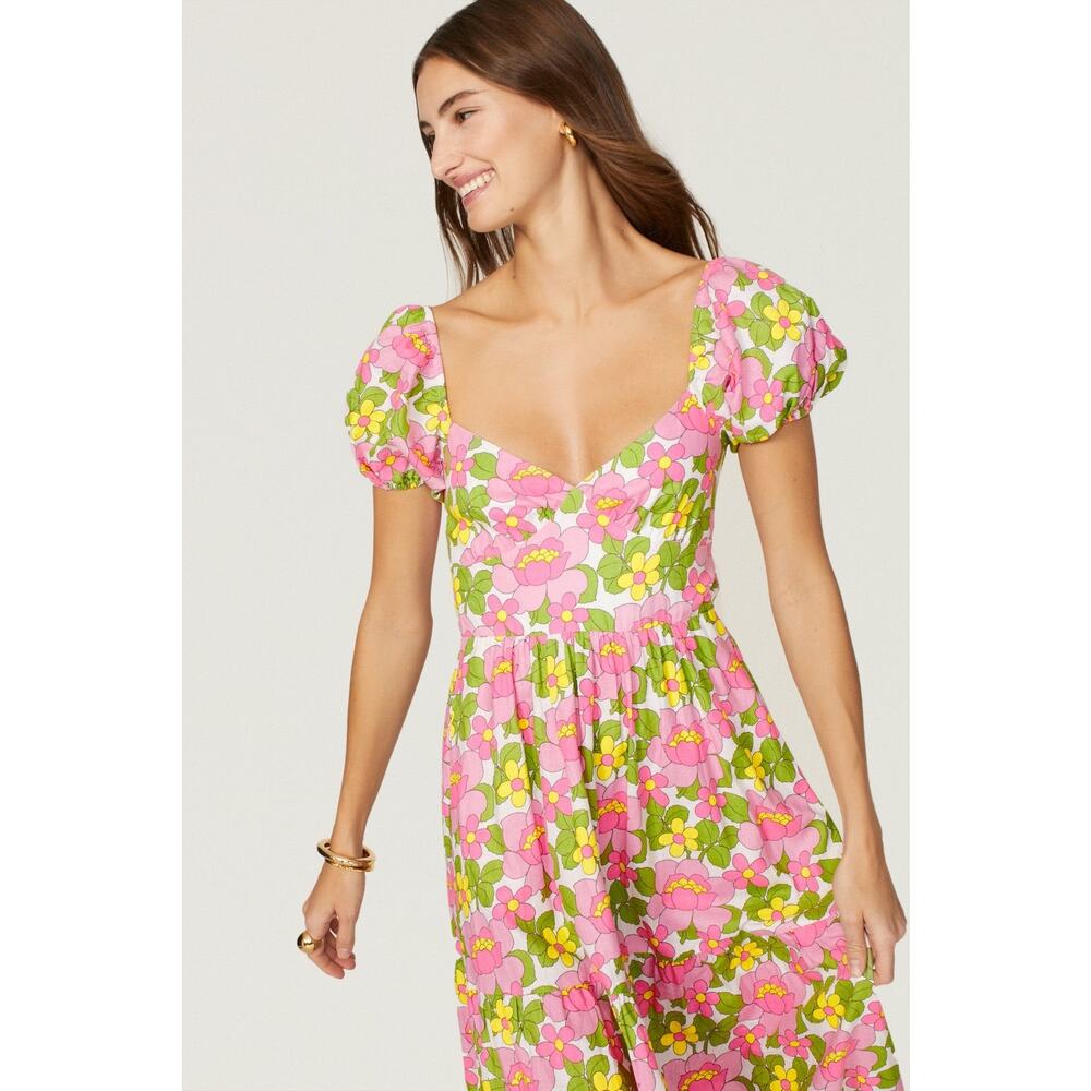 Show Me Your MuMu Cathy Pink Retro Floral Sweetheart Tie Back Puff Maxi Dress M - Picture 4 of 16